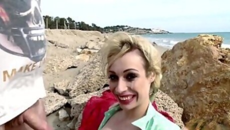 Wild beach fuck with busty blonde eating sperm