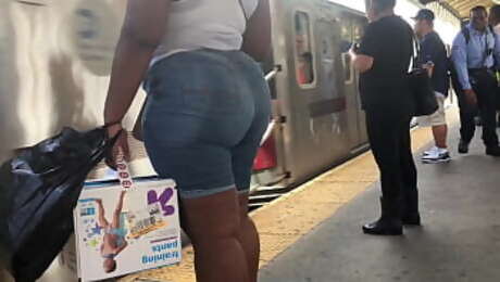 Monster Ebony Candid Ass in Jean Shorts