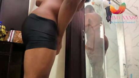 watching our ebony black big ass maid take her shower and get her laid