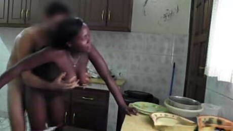 Ebony hot MILF housewife railed in the kitchen making a big mess!