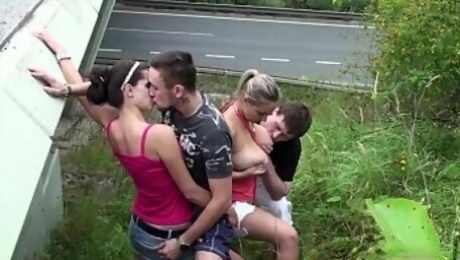 Cum on huge Krystal Swift tits in public sex 2 couples foursome orgy by highway