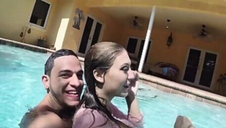 Busty girlfriend fucks in the outdoor pool