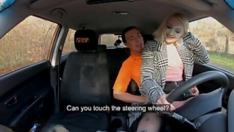 Fake Driving School Blonde Marilyn Sugar in Black Stockings Sex in Car