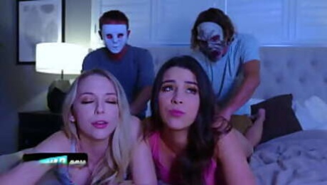 Two Horny Stepbrothers Put On Masks To Trick Their Cute Assed Stepsisters And Lick Them From Behind