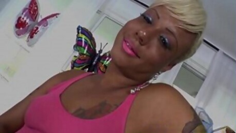 Busty ebony tranny masturbating until cumshot