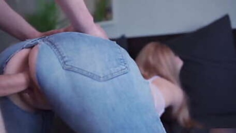 Fit girl in ripped jeans cums from a hard fuck