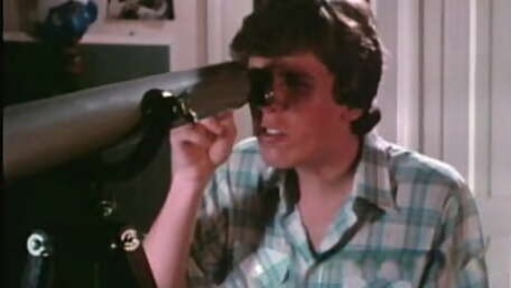 Curious retro teen spies on horny couple through a telescope