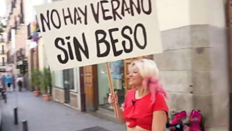 Sandra V kisses men and women in the street looking for her ultimate stud!