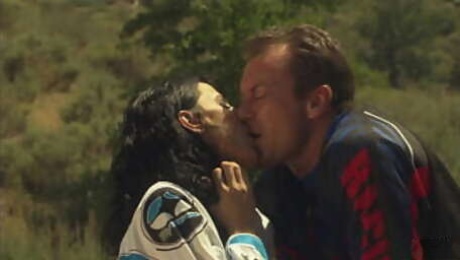 The motor cross legend stops riding to give the brunette with fake boobs a facial