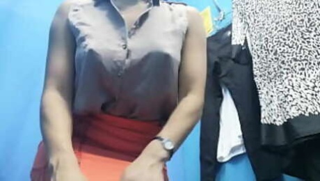 Dressing room. Cmera show. Russian girl with big boobs and nipples change clothes. Kriss Wou