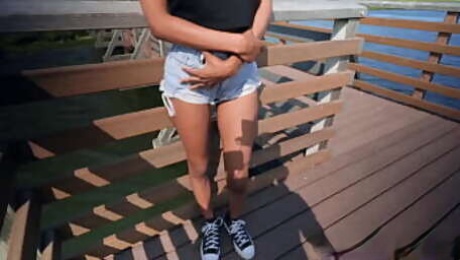 Sexy ebony busty girlfriend flash her big nice round boobs at the beach - Eden West, Charles Dera