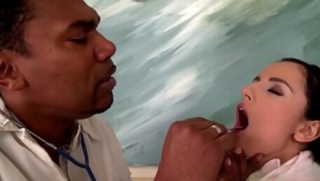 Interracial bangers go nuts as Doc stuffs big black cock into Kerry's mouth