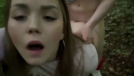 A naughty chick fucks outside: in the forest, on the meadow, and in public places