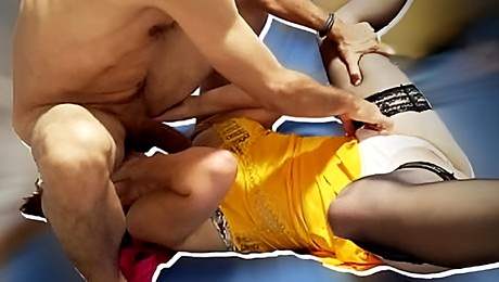 1685 - French Amateur, Yellow Satin Dress, Satin White Thong, Satin Bra, Heels, Stockings, Doggystyle, Blowjob, Rimming