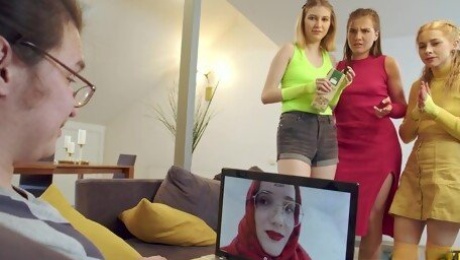 Nerd watches while three hotties have lesbian sex - Lina Leps