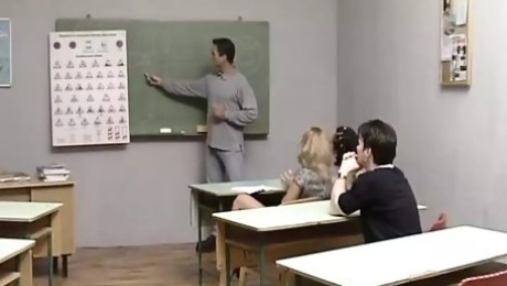 Two German schoolgirls getting fucked by a student and a teacher