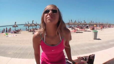 Petite German 18yo teen pick up at holiday beach and persuaded for porn